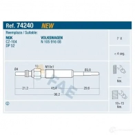 Свеча накала FAE Volkswagen Passat (B6) 4 Седан 2.0 TDI 140 л.с. 2005 – 2009 W9 RH2 74240 8435050635483