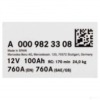 Оригинальный аккумулятор 12в 100Ач MERCEDES-BENZ 1422561199 I 7NBZ7 A000982330826 - Изображение 2