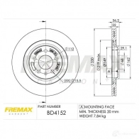 Тормозной диск FREMAX bd4152 JCJ4W R Audi A6 (C7) 4 Седан 2.0 Tdi 136 л.с. 2012 – 2018