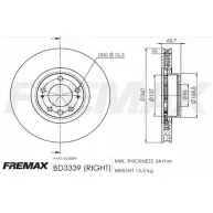 Тормозной диск FREMAX D7B8F2 9 2886687 BD-3339 2Q4TNH