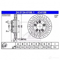 Тормозной диск ATE 09IBA0 24013401061 434 106 Porsche 911 (997) 4 Купе 3.6 GT3 415 л.с. 2006 – 2009