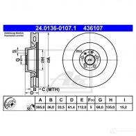 Тормозной диск ATE 24013601071 436 107 TH71H Audi A6 (C6) 3 2004 – 2010