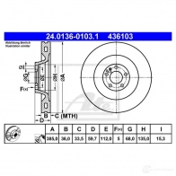 Тормозной диск ATE Audi A8 (D3) 2 Седан 5.2 S8 Quattro 441 л.с. 2006 – 2010 24013601031 BSL7CE4 43 6103