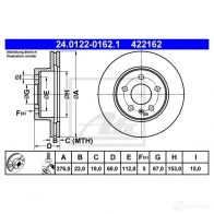 Тормозной диск ATE 4 22162 24012201621 F3T3YL4 Mercedes Vito (W638) 1 Фургон 2.2 108 CDI (6394) 82 л.с. 1999 – 2003