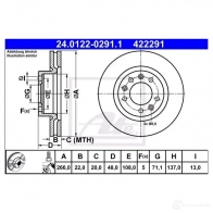 Тормозной диск ATE 4 22291 E4WOXRR 24012202911 Peugeot 308 2 (T9, SW) Универсал 1.5 BlueHDi 130 131 л.с. 2017 – 2024