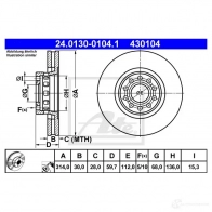 Тормозной диск ATE 43 0104 CX7PRY 24013001041 Audi A8 (D2) 1 Седан 2.8 Quattro 174 л.с. 1994 – 1996