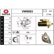 Стартер SNRA VW9093 6YTNSSO K 491Z Volkswagen Caddy (2KA, 2KH, 2CA, 2CH) 3 Фургон 2.0 SDI 70 л.с. 2004 – 2010