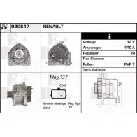 Генератор EDR 930647 RQ2E0SW Renault Scenic (JM) 2 Минивэн 2.0 16V Turbo (JM0W) 163 л.с. 2004 – 2024 JC ZH58