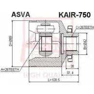 Шрус граната ASVA KAIR-750 Hyundai Tucson (JM) 1 Кроссовер 2.0 CRDi AWD 113 л.с. 2004 – 2010 5E7E 1A