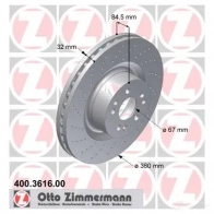 Тормозной диск ZIMMERMANN 400361600 1G EZH8 Mercedes S-Class (W220) 2 Седан 6.0 S 65 AMG (2279) 612 л.с. 2004 – 2005