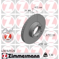 Тормозной диск ZIMMERMANN 430149120 8K DFQ Opel Movano (A) 1 Автобус 2.2 DTI (JD) 90 л.с. 2000 – 2024