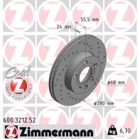 Тормозной диск ZIMMERMANN 600.3212.52 P2RD C7 Volkswagen Transporter (T4) 4 Грузовик 1.9 TD 68 л.с. 1992 – 2003