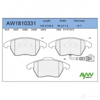 Тормозные колодки передние AYWIPARTS AW1810331 ADDU0 D Seat Altea (5P5, 5P8) 1 Минивэн XL 2.0 Freetrack 211 л.с. 2009 – 2024