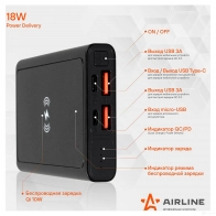 Аккумулятор внешний с быстрой и беспроводной зарядкой PRO: 10000мАч, 18W, 2xUSB 3A, Type-C AIRLINE 1438172716 E 48TZ aeab003 - Изображение 2