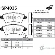 Тормозные колодки дисковые SANGSIN W GOB5 SP4035 Peugeot 306 1 (7B, N3, N5) Седан 1.9 SLD 64 л.с. 1994 – 2001