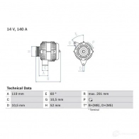 Генератор BOSCH 4 619 9R0PNT8 0986046190 Saab 9-5 (YS3E) 1 Универсал 2.3 Turbo 260 л.с. 2006 – 2009