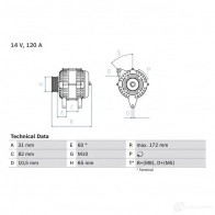 Генератор BOSCH 381 8 0986038180 1TSEHAO Audi A6 (C5) 2 Седан 2.4 165 л.с. 1997 – 2005