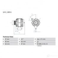 Генератор BOSCH 8YO9LH 0986040370 403 7 Volvo V70 1 (875, 876) Универсал 2.3 T 5 AWD 239 л.с. 1997 – 2000