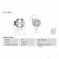 Генератор BOSCH 0986082030 Toyota Corolla (E120) 9 Седан 2.0 D 4D (CDE120) 116 л.с. 2004 – 2007 VQOW7 82 03