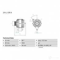 Генератор BOSCH 445 3 0986044530 JZZF1 Audi A4 (B5) 1 Седан 2.5 Tdi 150 л.с. 1997 – 2000