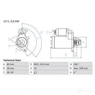 Стартер BOSCH 174 2 BYW4P 0986017420 Opel Astra (G) 2 Купе 2.2 DTI (F07) 125 л.с. 2002 – 2005